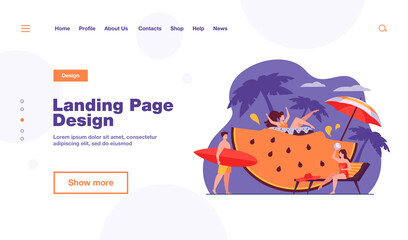 Group of friends enjoying summer activities, having fun at beach or pool party, drinking cocktail, floating with rubber ring on huge watermelon slice. Vacation, travel, leisure concept.