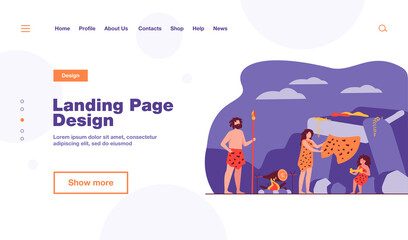 Prehistoric family couple and kid wearing leopard hides, cooking food at cave entrance. Vector illustration for ancient people stone age, caveman dinner concept