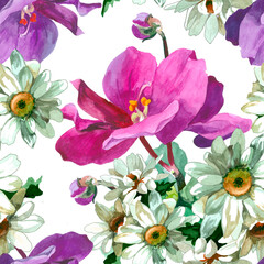 Violet flowers and chamomile watercolor bouquet on white background seamless pattern for all prints.