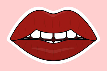 Lips. Sticker on a white backing. Colored vector illustration. Cartoon style. Isolated delicate background. Idea for web design, invitations, postcards, stickers. The seductive mouth is slightly open.