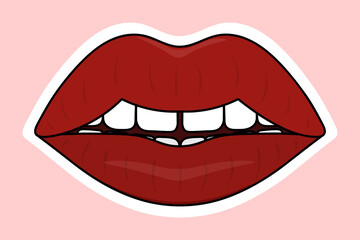 Lips. Sticker on a white backing. Colored vector illustration. Cartoon style. Isolated delicate background. Idea for web design, invitations, postcards, stickers. The seductive mouth is slightly open.