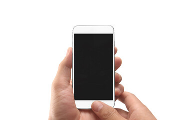 Hand holding smartphone device touching screen