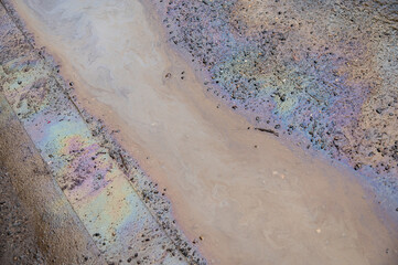 On the road puddle. In petroleum water. She created colorful abstract traces. Consequence of an ecological accident