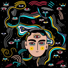Modern doodle psychedelic fashion eyes abstract composition in minimalist Memphis style with eyes.