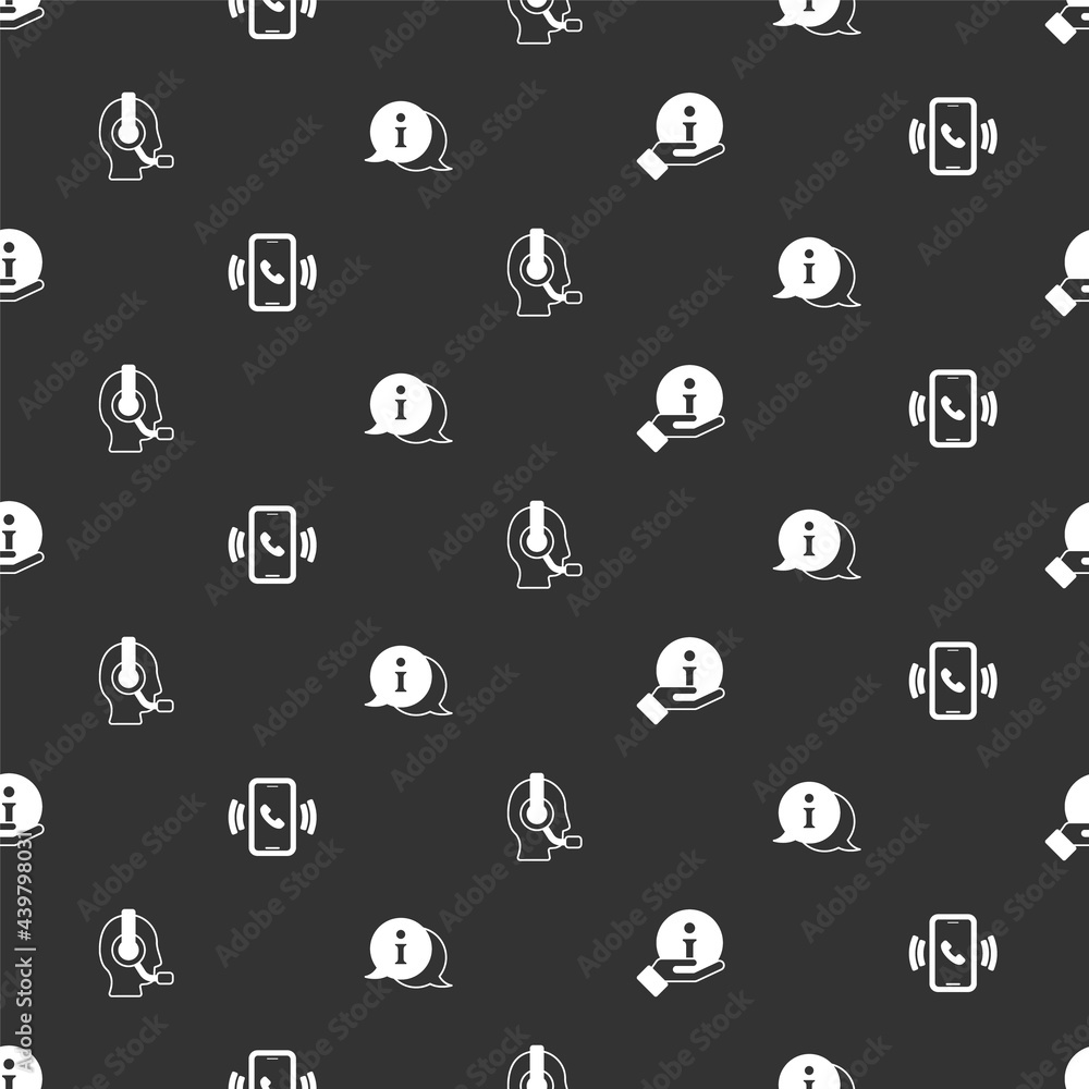 Poster set information, telephone 24 hours support, man with headset and on seamless pattern. vector