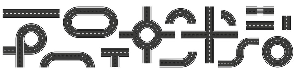 A set of parts of an asphalt road to create your roadmap. Vector illustration