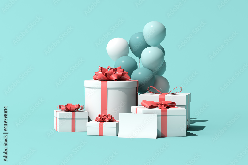 Poster 3d rendering of gift box with greeting card and balloons on green background.