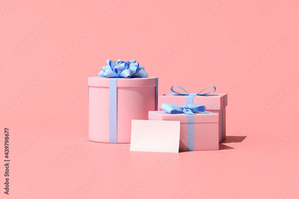 Poster 3d rendering of gift box and greeting card on pink background.