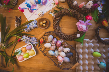 Fototapeta na wymiar Top view decorating set for Easter wreaths
