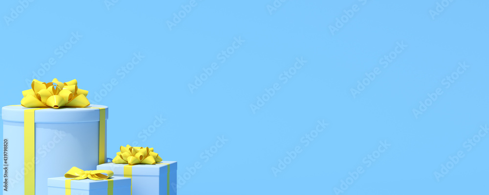 Poster 3d rendering of gift box on blue background with copy space.