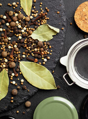 Spices ingredients for pickling vegetables. Concept culinary recipe preservation
