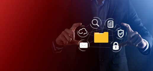 Document Management System DMS .Businessman hold folder and document icon.Software for archiving, searching and managing corporate files and information.Internet Technology Concept.Digital security