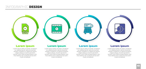 Set MOV file document, Play Video, Retro typewriter and Old film movie countdown frame. Business infographic template. Vector