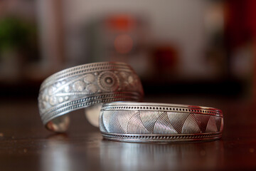 Closeup shot of vintage precious rings on a table