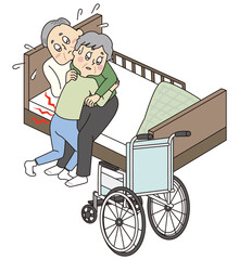 車椅子からベッドに夫を移そうと苦労をするシニア女性 - obrazy, fototapety, plakaty
