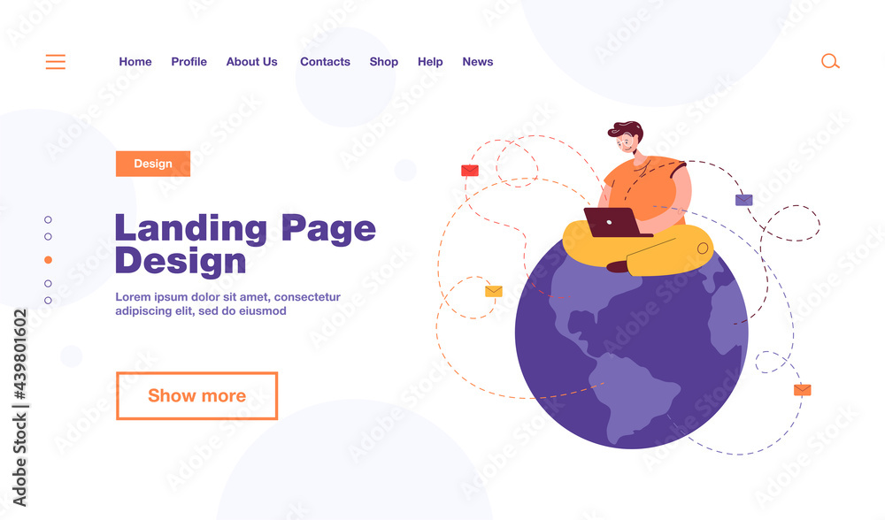 Poster man sitting on globe and sending emails. male character with laptop writing letters flat vector illu