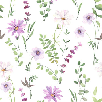 Floral pattern with purple flowers and green leaves on branches, watercolor seamless illustration isolated on white background, delicate garden with abstract wildflowers.