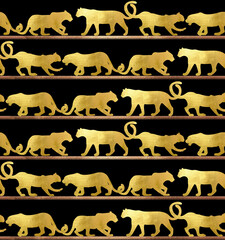 Foiled Leopards Silhouettes Crowd Detailed Seamless Pattern Elegant Concept Design Trendy Fashion Colors Perfect for Fabric Print or Interior Design Background