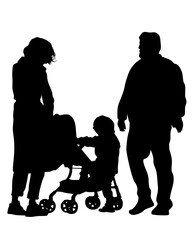 Families with little child walking on street. Isolated silhouettes of people on white background