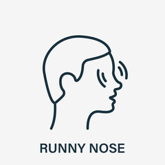 Fototapeta na wymiar Runny Nose Line Icon. Nose Pain, Itch, Inflammation or Ache Linear Icon. Rhinitis, Allergy or Nasal Mucus Outline Pictogram. Sign for Medical Poster. Editable stroke. Vector illustration