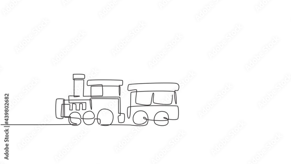 Poster animated self drawing of continuous line draw a locomotive train with two carriages in the form of a