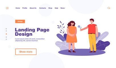 Cute boy giving flower to girl. Cartoon boyfriend and girlfriend on date flat vector illustration. First feelings, dating concept for banner, website design or landing web page