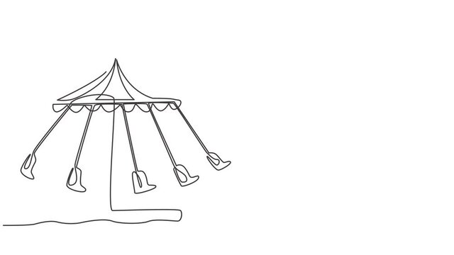 Animated self drawing of continuous one line draw a wave swinger in an amusement park with five seats and a flag above tent. Passengers can swing around in the sky. Full length single line animation.