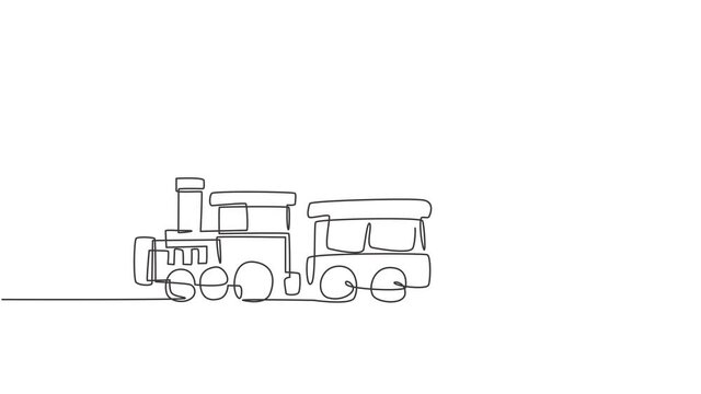 Animated self drawing of continuous line draw a locomotive train with two carriages in the form of a roving steam system in amusement park to transport passengers. Full length one line animation.