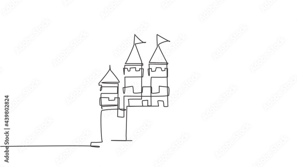 Poster animation of single one line drawing of castle in an amusement park with four towers and two flags o