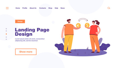 Man and woman exchanging money. Male character giving euro coin, female with dollar coin flat vector illustration. Currency exchange, finance concept for banner, website design or landing web page