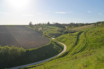 View on fields, meadows and road, landscape of Polish countryside