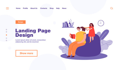 Daughter brushing hair of mother. Woman reading book, girl combing hair flat vector illustration. Family, relationship, motherhood, hairdressing concept for banner, website design or landing web page