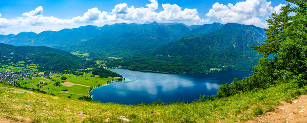 Fototapeta na wymiar Panoramic aerial view of Lake Bohinj in Bojinj Valley, Slovenia