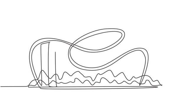 Animated self drawing of single continuous line draw a roller coaster in amusement park with a track high. The passenger screamed while moving at high speed. Full length one line animation.