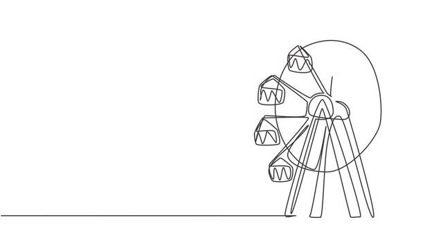 Animation of single one line drawing of a ferris wheel in amusement park, a large circular circle high. Interesting recreational rides for families. One line self draw animated. Full length motion.