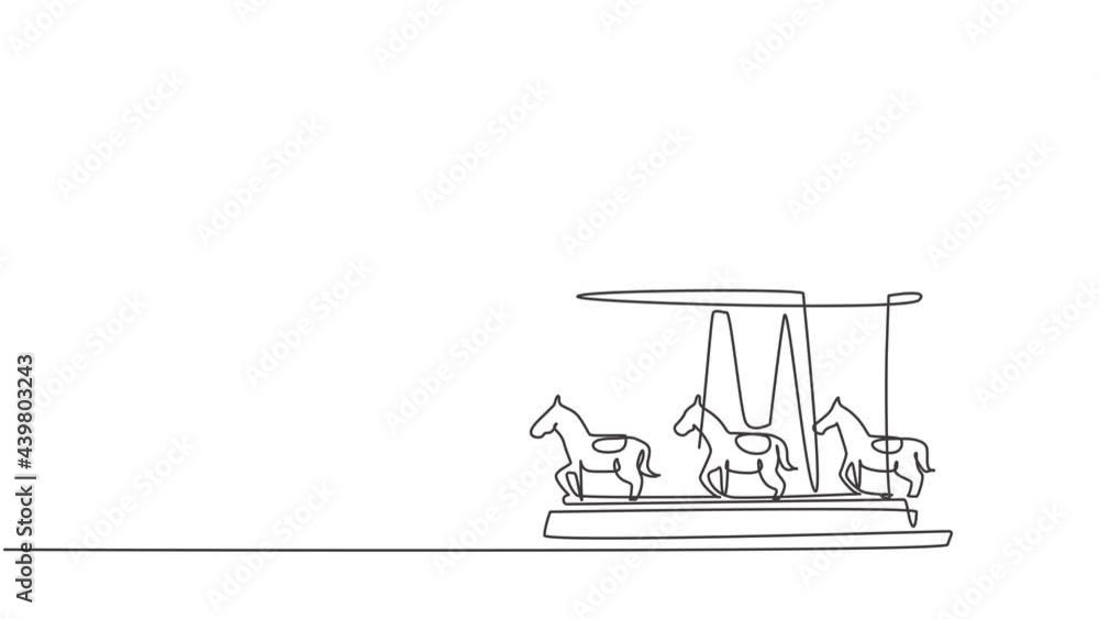 Poster self drawing animation of single continuous line draw a horse carousel in amusement park spinning in