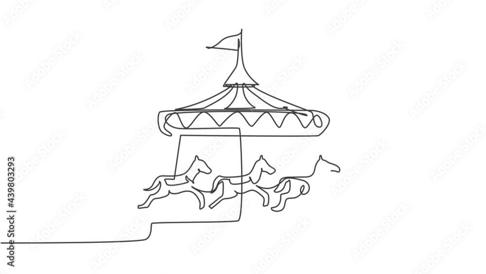Poster self drawing animation of single continuous line draw a horse carousel in an amusement park with hor