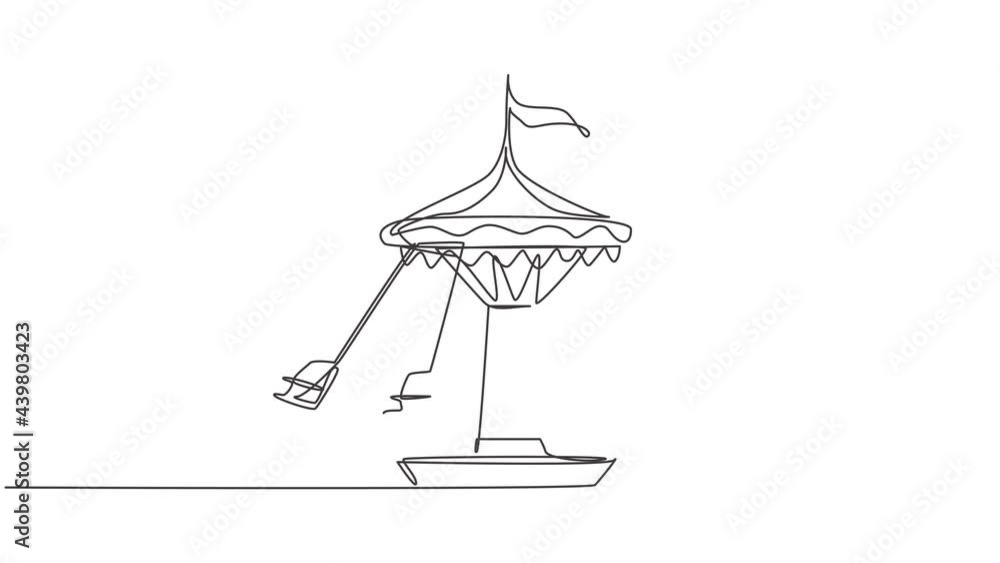 Poster animated self drawing of continuous one line draw wave swinger in amusement park with four seats and