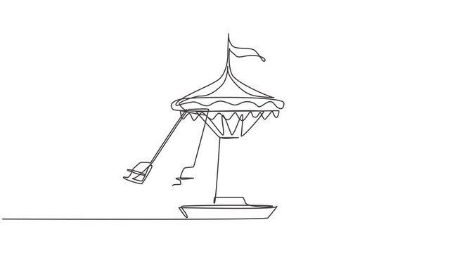 Animated self drawing of continuous one line draw wave swinger in amusement park with four seats and flag above. The passengers can swing around in the sky. Full length single line animation.