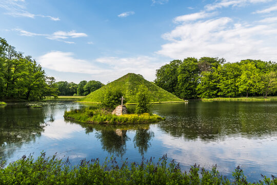 Park Branitz, Cottbus, Germany: Pyramid and isle with grave of landscape architect Hermann Fuerst von Pueckler-Muskau and his wife.