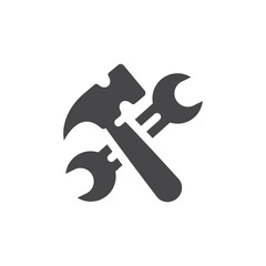 Wrench or spanner and hammer crossed icon. Under construction black vector symbol.