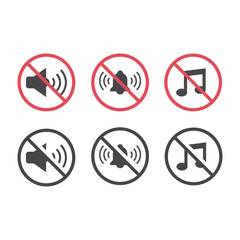 No noise red prohibition sign set. No music, no sound signs with megaphone, bell and music notes vector icon.