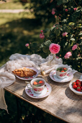 tea party in the rose garden. herbal tea with fresh strawberries and mint leaves. decorated table for a tea party for two.