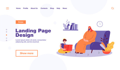 Little boy reading Quran on floor. Father in traditional clothes sitting on sofa, watching son flat vector illustration. Ramadan, Islam, religion concept for banner, website design or landing web page