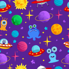 Vector infinite pattern on a space theme with planets, UFOs and aliens. Flat-style illustration for flyers, posters, websites, apps, and childrens holiday decorations