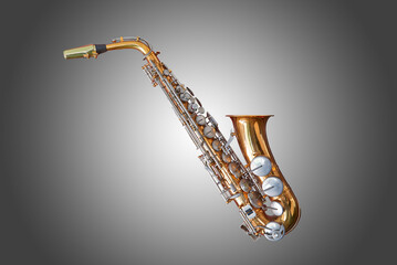 Old and well used saxophone on grey gradient background - obrazy, fototapety, plakaty