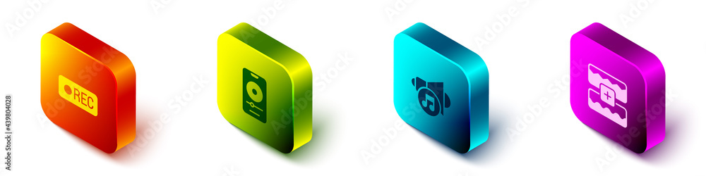 Poster set isometric record button, music player, speaker volume and wave equalizer icon. vector