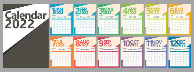 Bright calendar planner for 2022 with months of different colors. The week starts on Monday. Vector illustration - obrazy, fototapety, plakaty