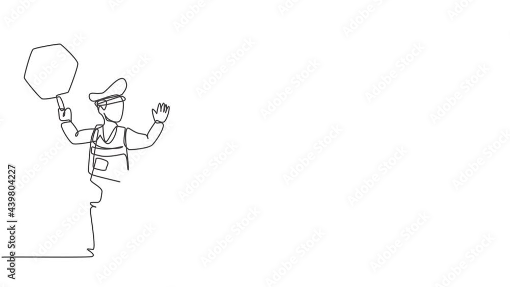 Poster animated self drawing of continuous one line draw policeman in full uniform and lifting traffic sign