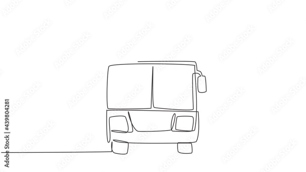 Poster animated self drawing of continuous one line draw front view of bus that is stopped at bus stop wait